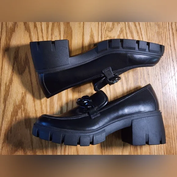 Madden Girl Chunky Lug Sole Loafers Womens 7 Black Heel Shoes Chain Platform - Picture 12 of 15